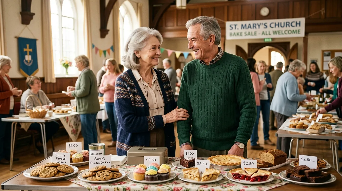 Elderly man and woman smiling warmly at each other over a church bake sale table