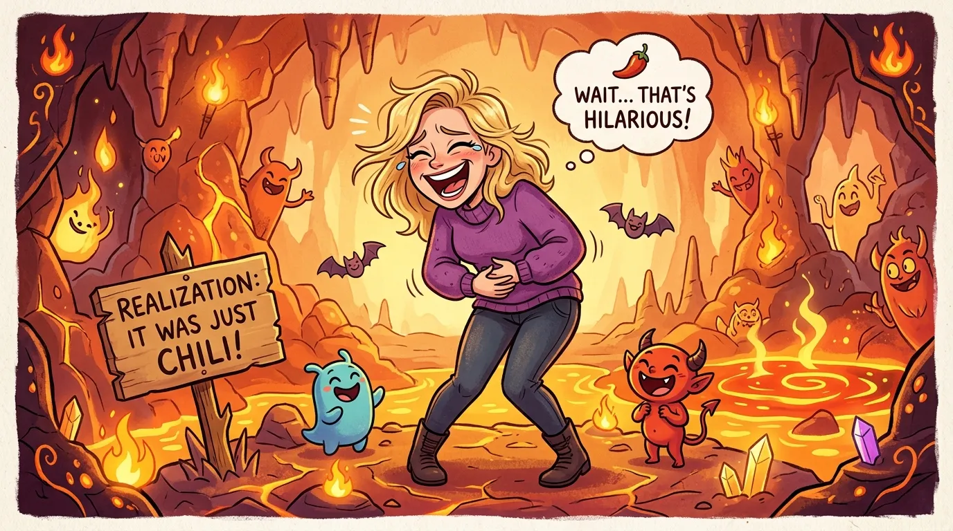A blonde woman laughing hysterically in the underworld