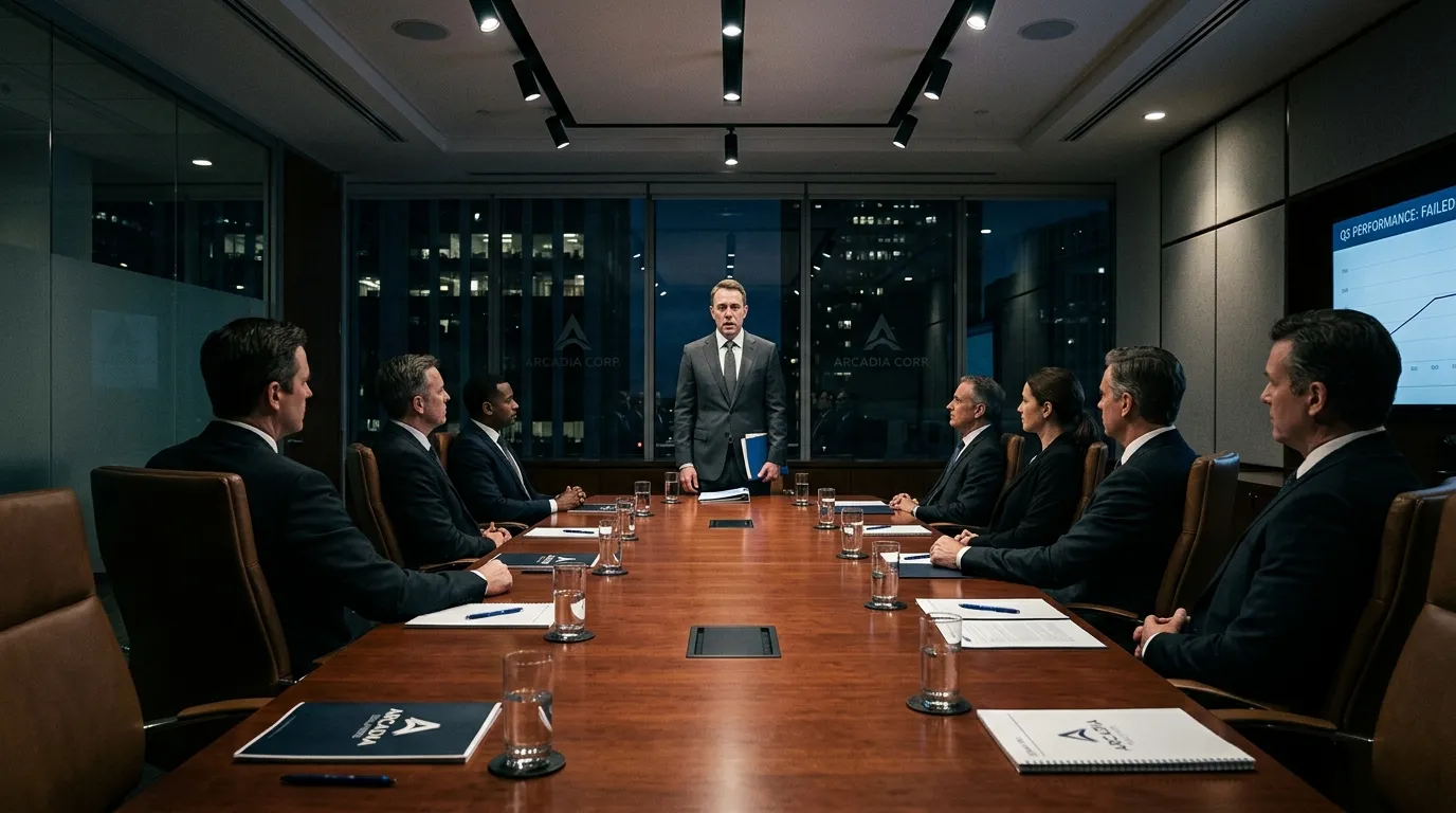 View from the head of a sleek boardroom table looking at a shocked man