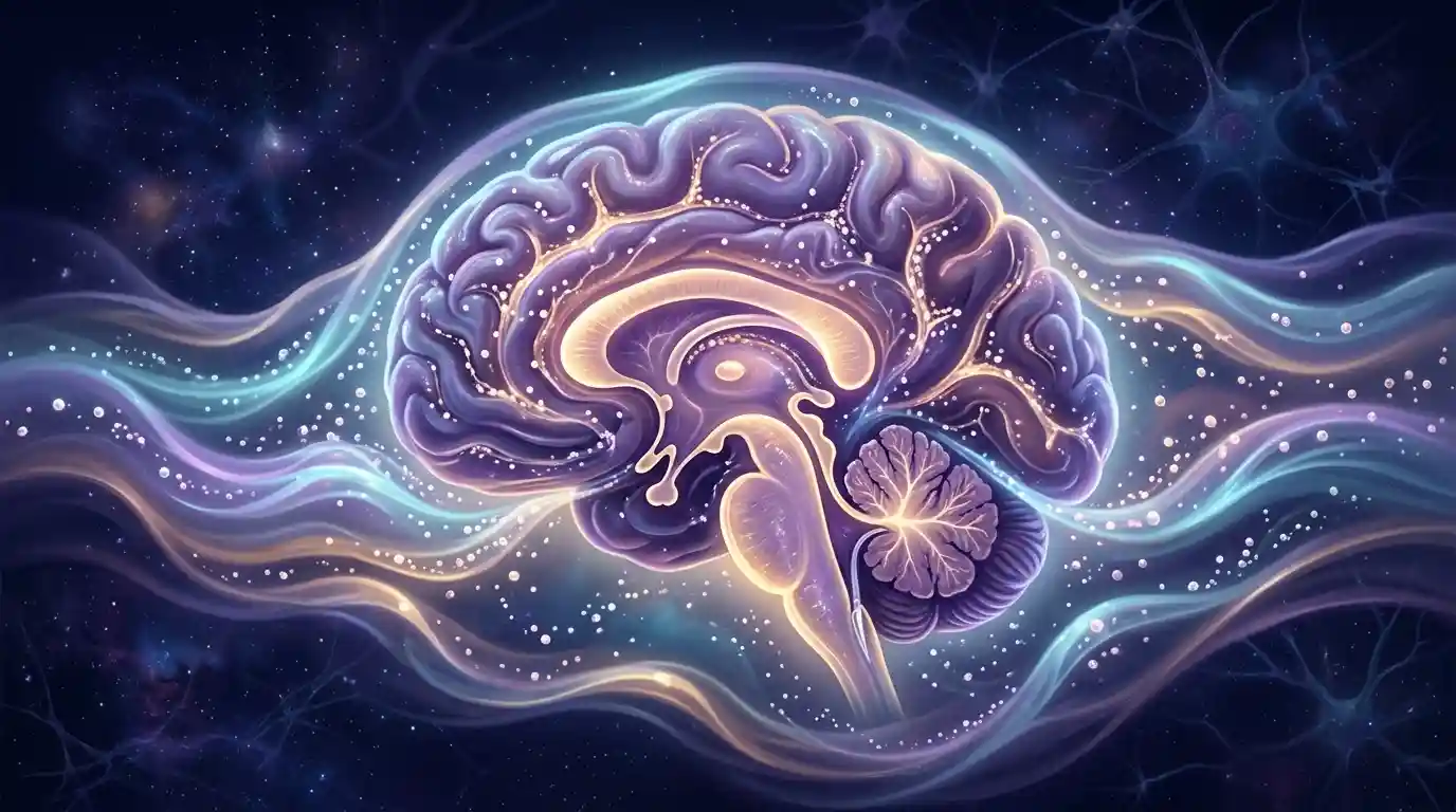 Conceptual illustration of the brain glowing and cleaning itself during deep sleep