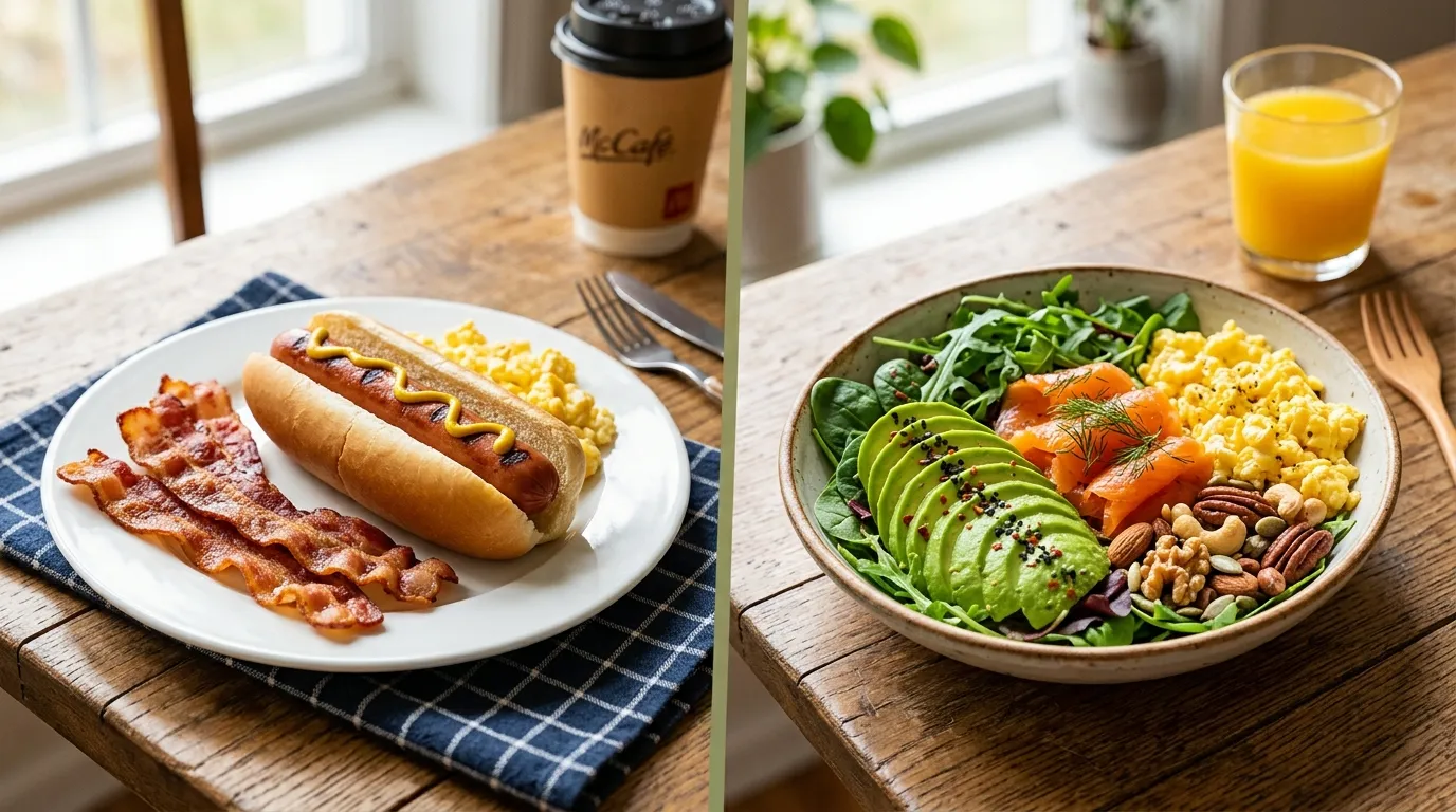 A split screen showing processed breakfast meats on one side and a healthy fresh breakfast bowl on the other.