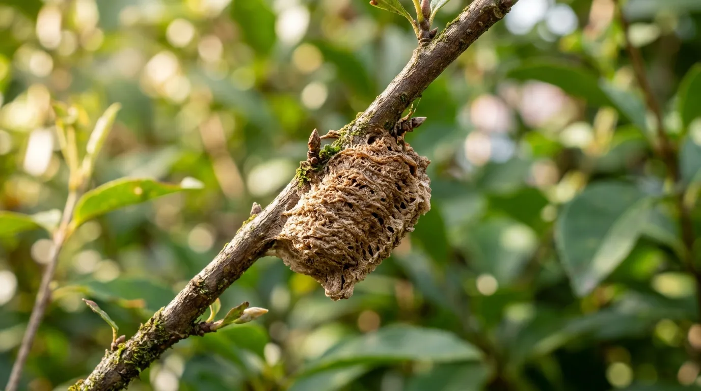 A close-up of a brown, foam-like praying mantis egg case attached to a branch