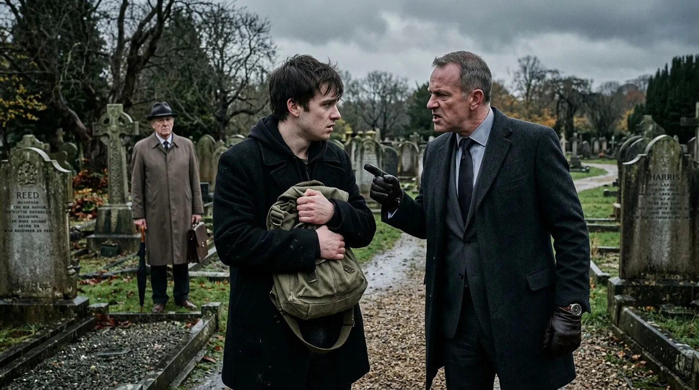 Daniel holding the bag at the cemetery while Marcus angrily confronts him