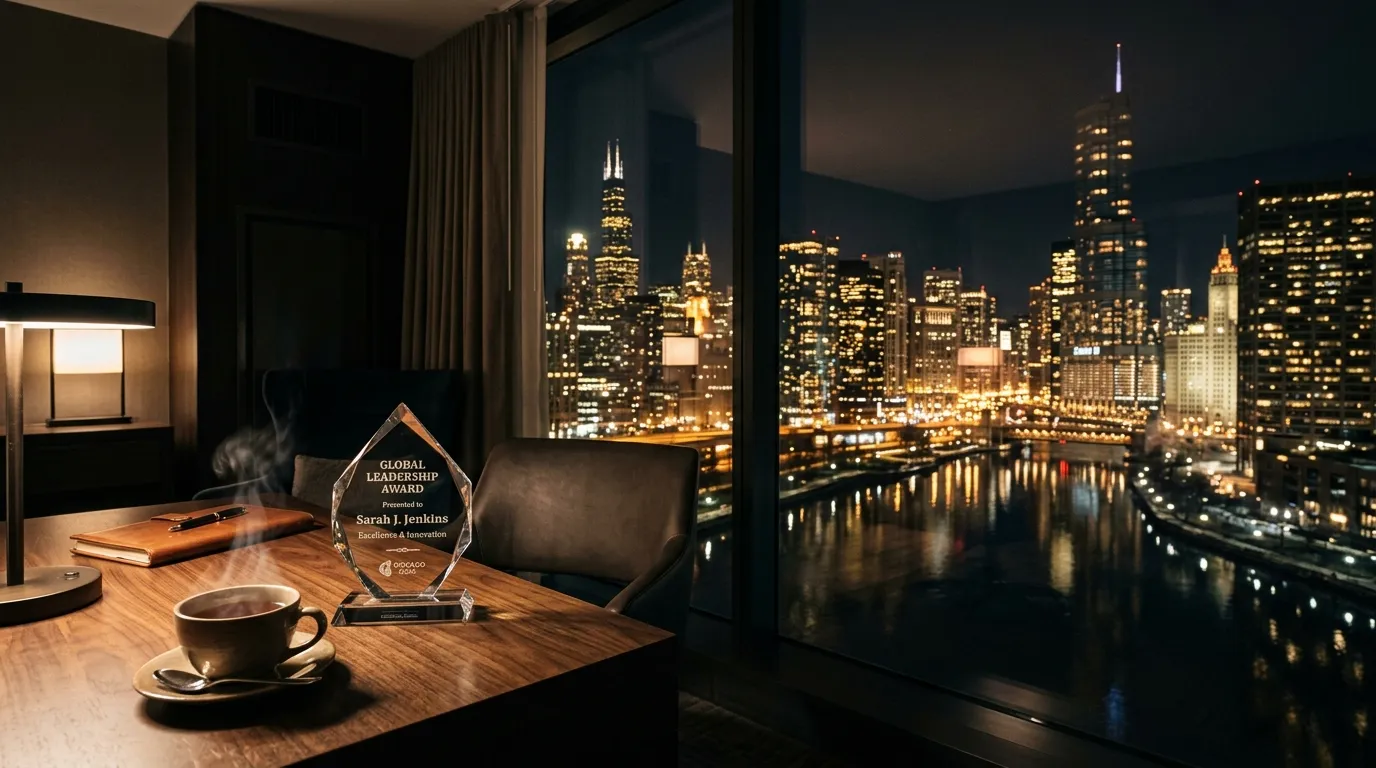 A serene view from a dimly lit hotel room showing the glowing Chicago skyline reflected on the dark river below.