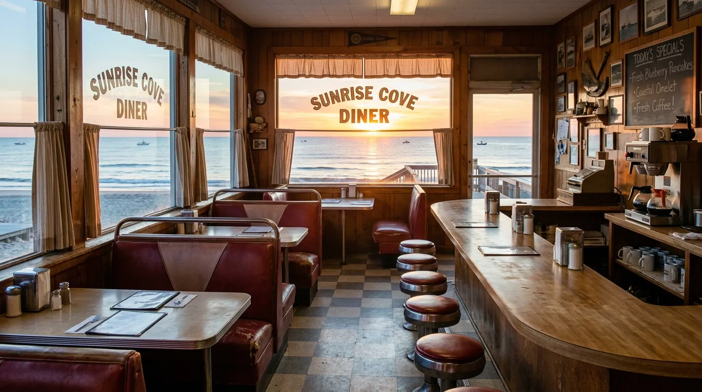 A warm, worn coastal diner bathed in golden sunrise light