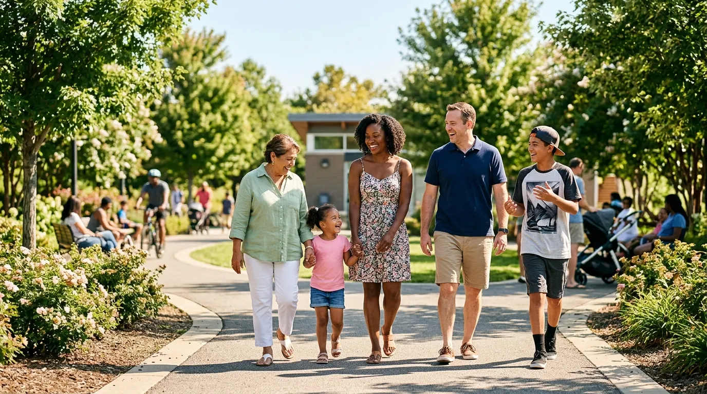 Diverse, happy family walking together outdoors on a sunny day