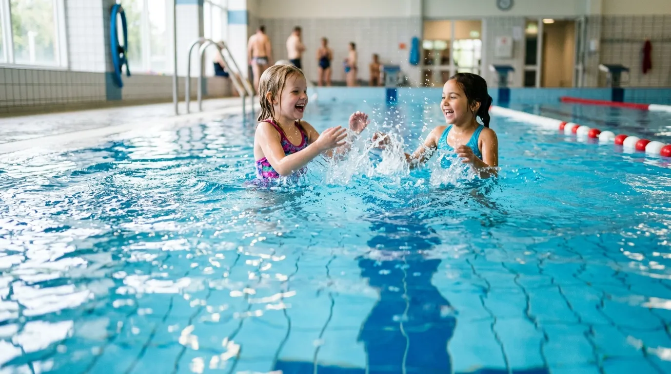 Bright blue water of a community swimming pool with two children playing in the background
