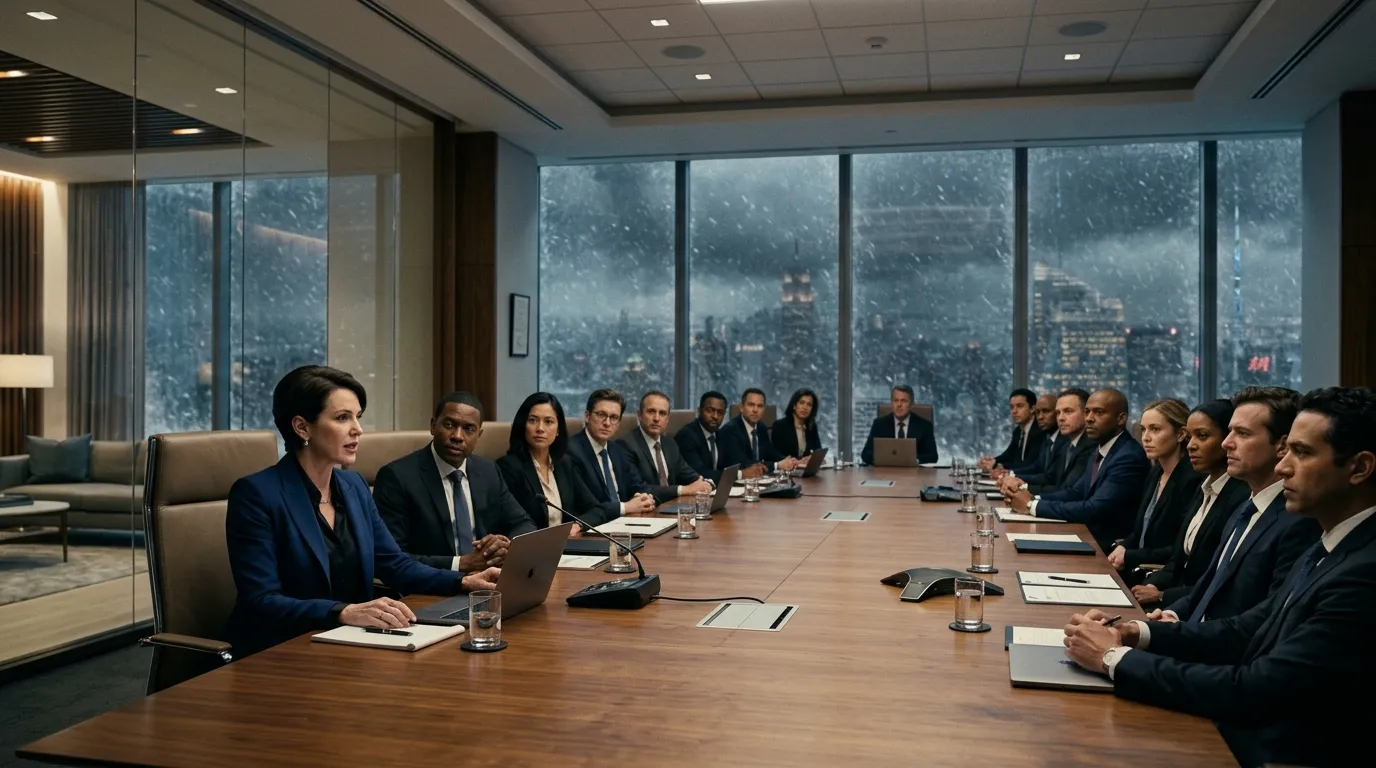 A powerful woman sitting confidently at the head of a modern corporate boardroom table.