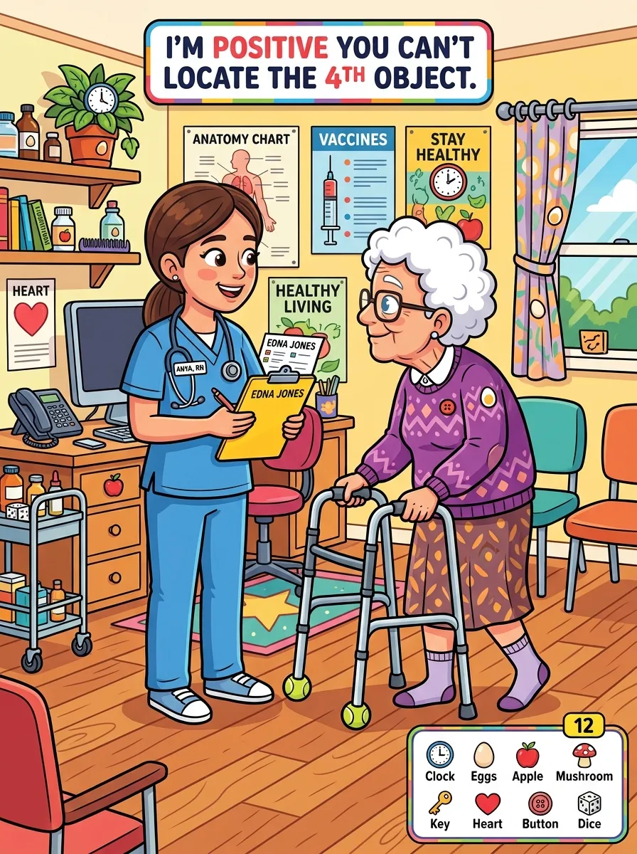 An illustration of a healthcare worker chatting with an elderly woman in a cozy living room, with hidden objects disguised in the background.