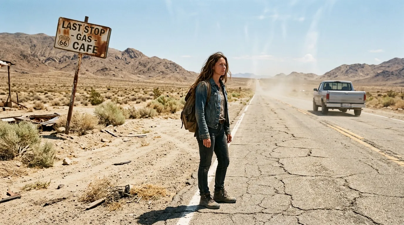 A woman left behind on a dusty desert highway as a silver truck drives away