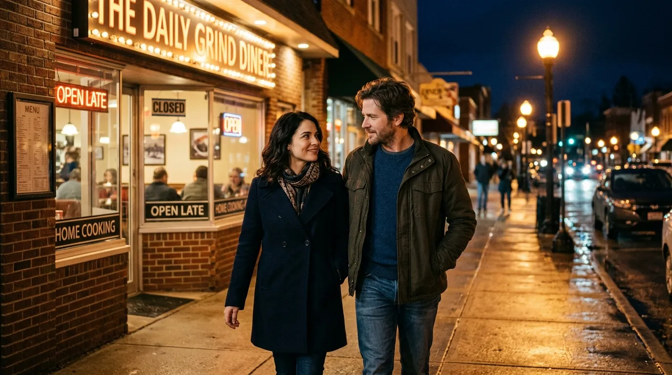 A couple walking out of a casual diner at night, looking at each other with hope and understanding.
