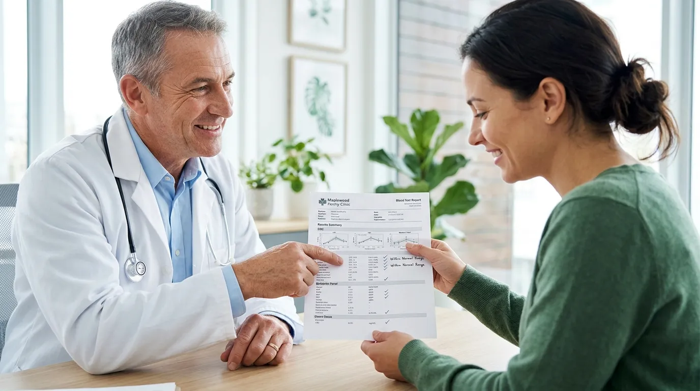 Doctor in a white coat smiling and discussing a blood test report with a patient
