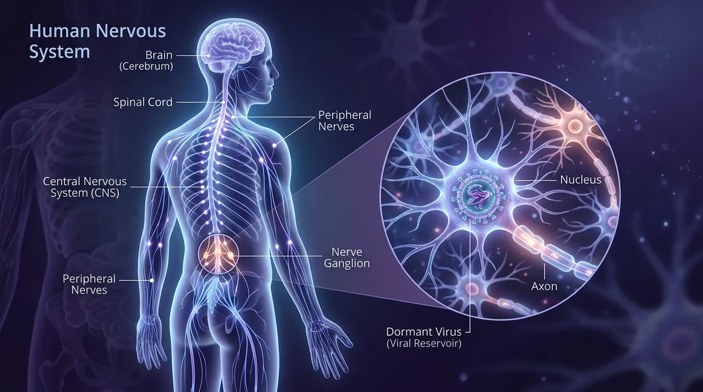 An artistic representation of a dormant virus in the nervous system