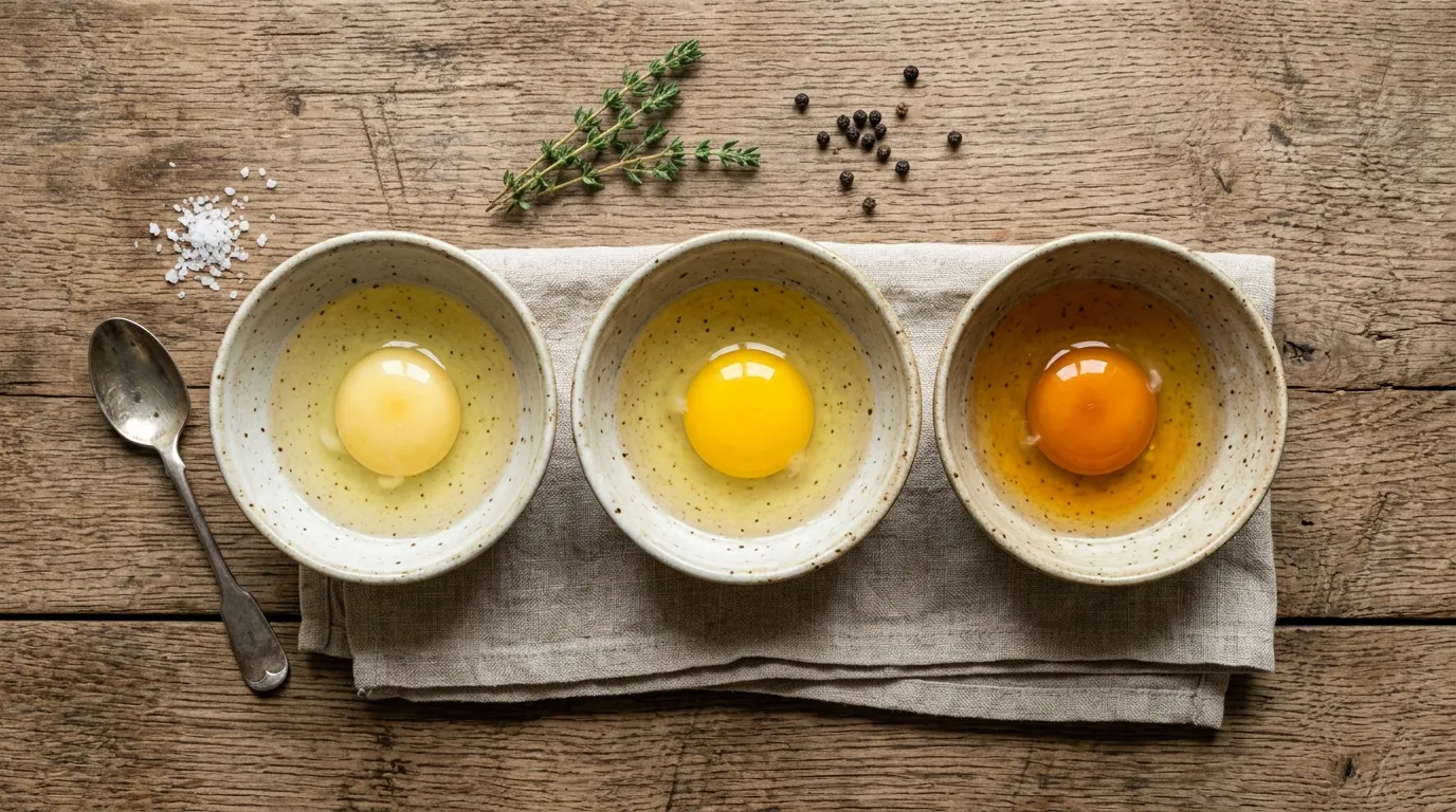 Three cracked eggs in bowls showing pale yellow, sunny yellow, and deep orange yolks