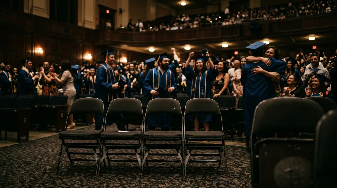 Four empty folding chairs in a graduation auditorium while other families celebrate in the blurred background