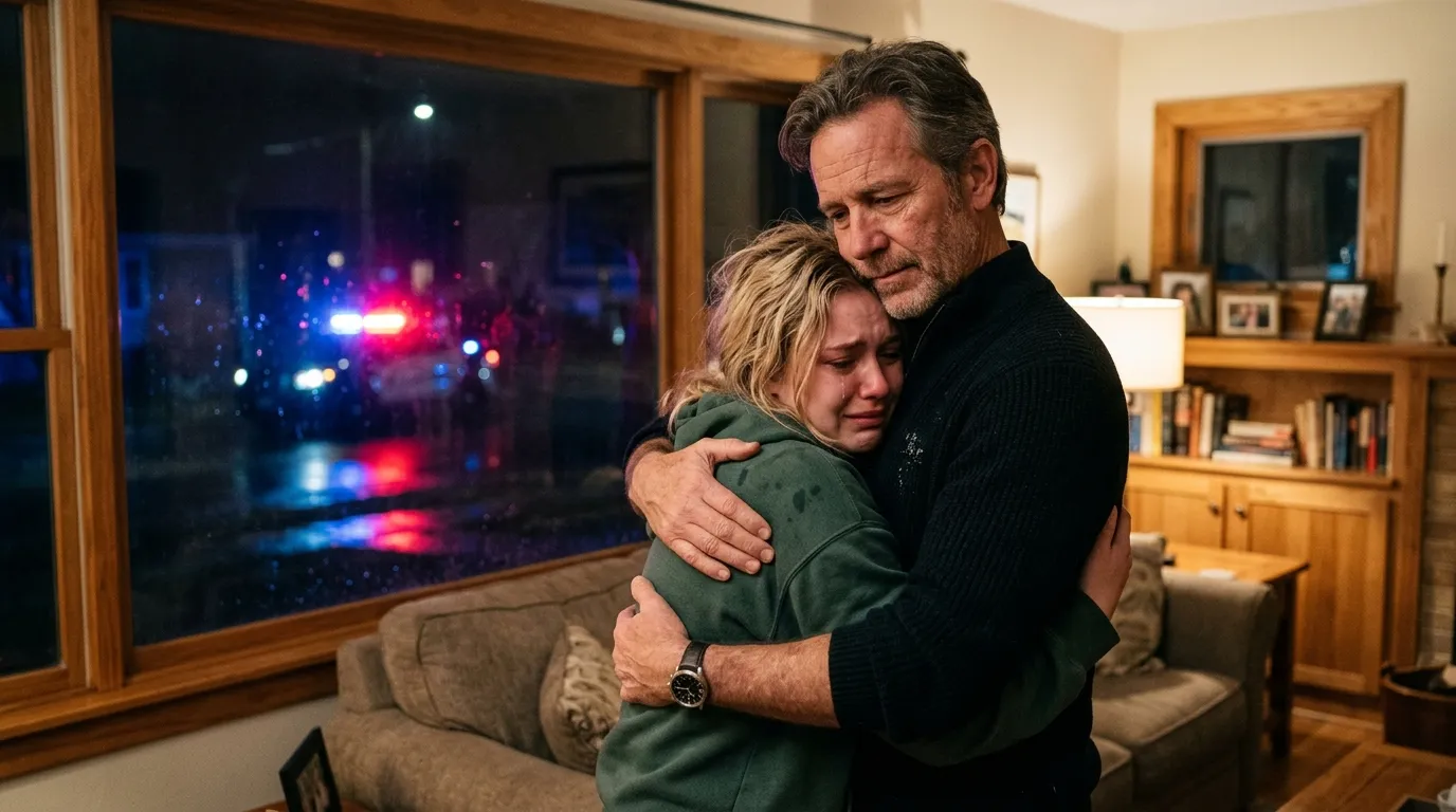 A father hugging his crying daughter while police lights flash outside.