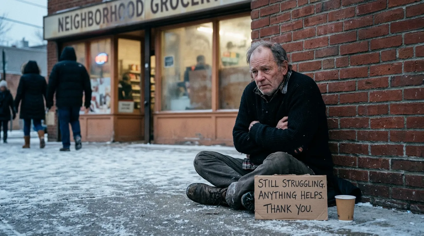 An older veteran sitting against a brick wall in the cold with a cardboard sign
