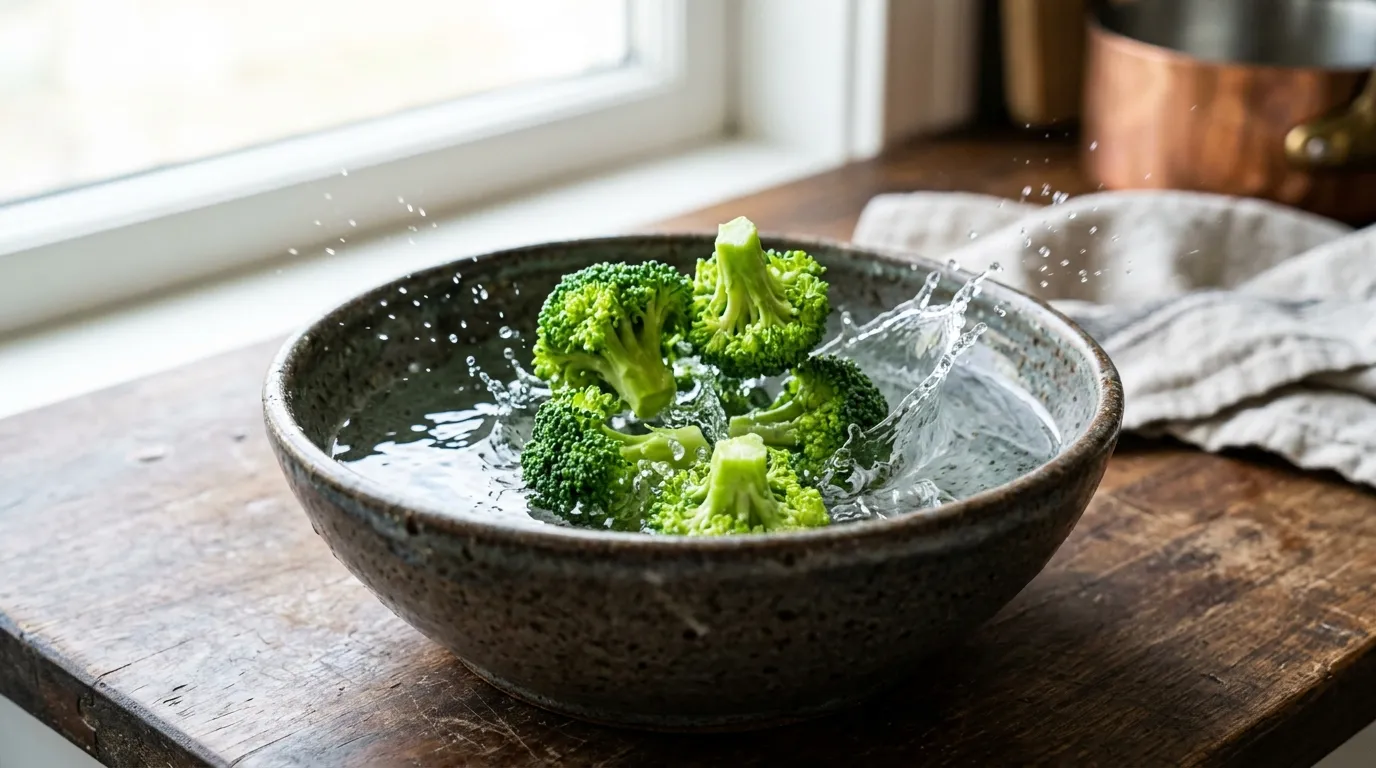 Fresh green broccoli florets splashing into a bowl of water