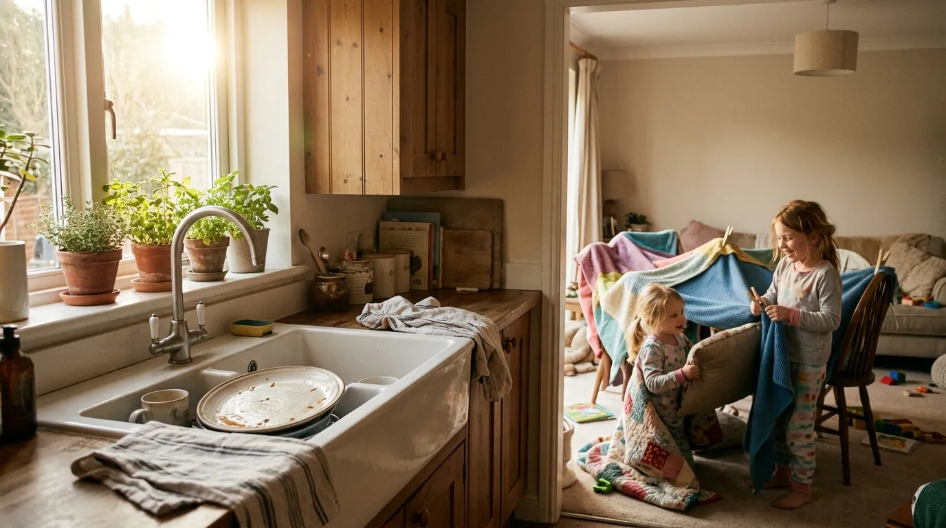 Two young girls building a messy fort out of blankets in a sunlit living room