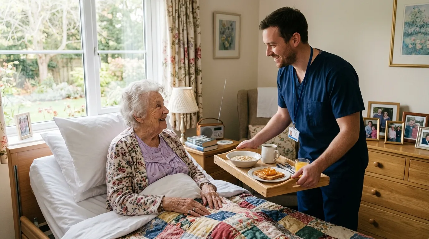 Daniel and Gloria talking over a breakfast tray in the nursing home