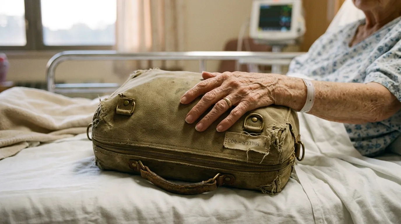 Gloria's frail hand resting protectively over her old canvas bag