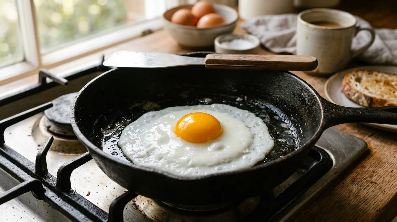 A deep orange, radiant egg yolk sizzling in a rustic cast-iron skillet