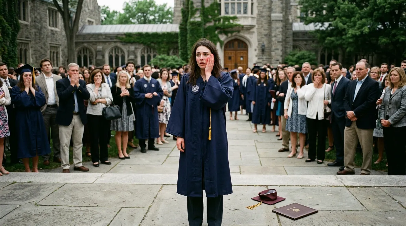 A young woman in a graduation gown holding her cheek after being slapped, her graduation cap on the ground.