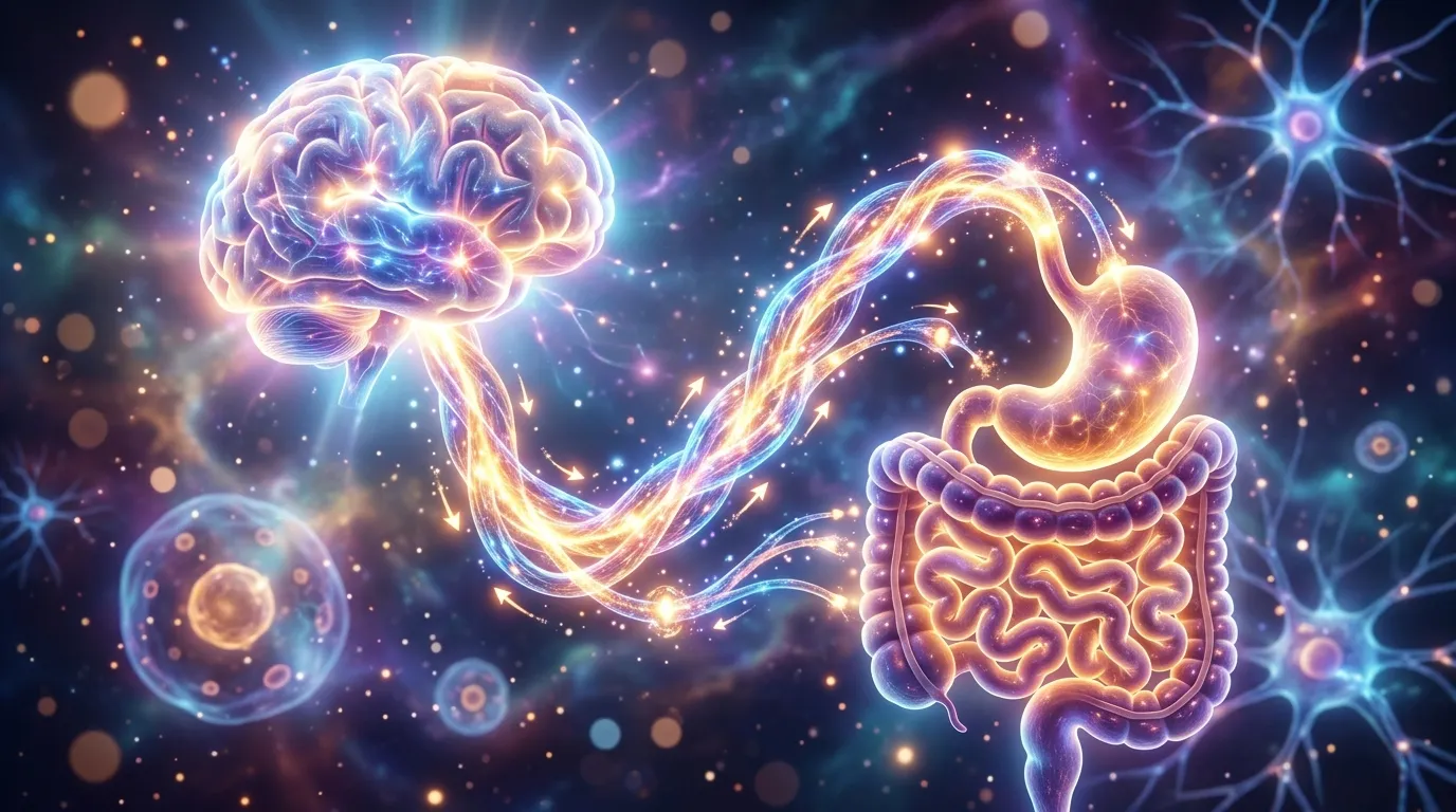 Glowing abstract illustration showing the neural pathways between the brain and the gut