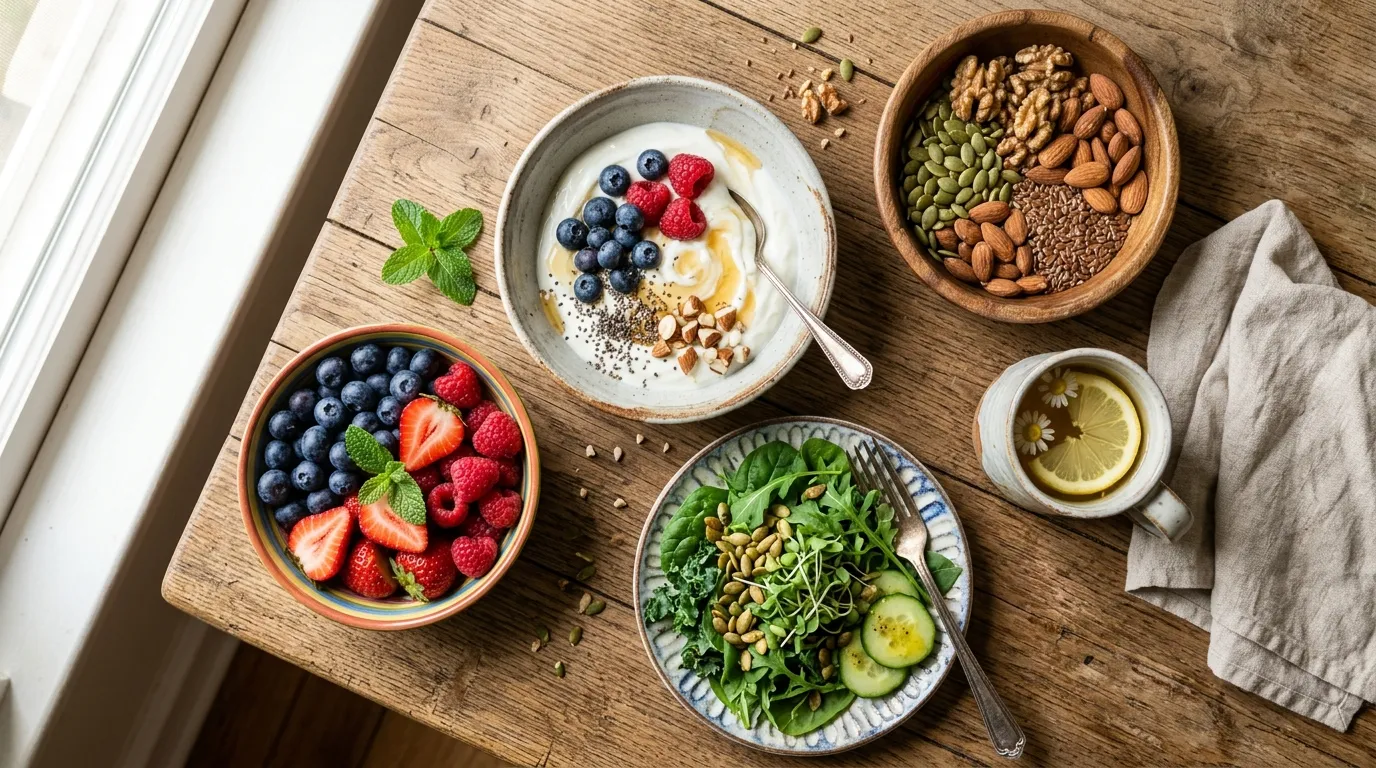 Fresh gut-healthy foods including yogurt, greens, and berries on a wooden table
