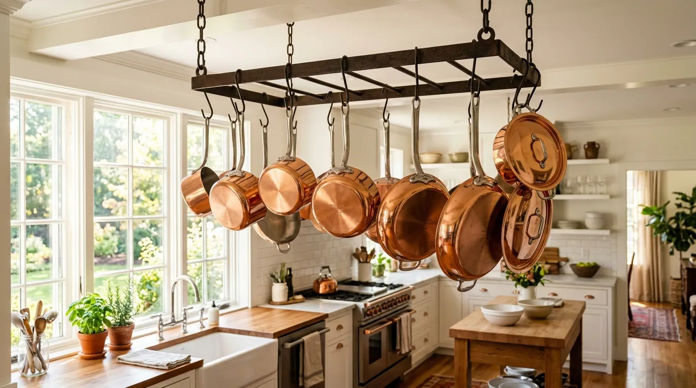 Shiny copper pots and pans hanging in a bright, modern kitchen