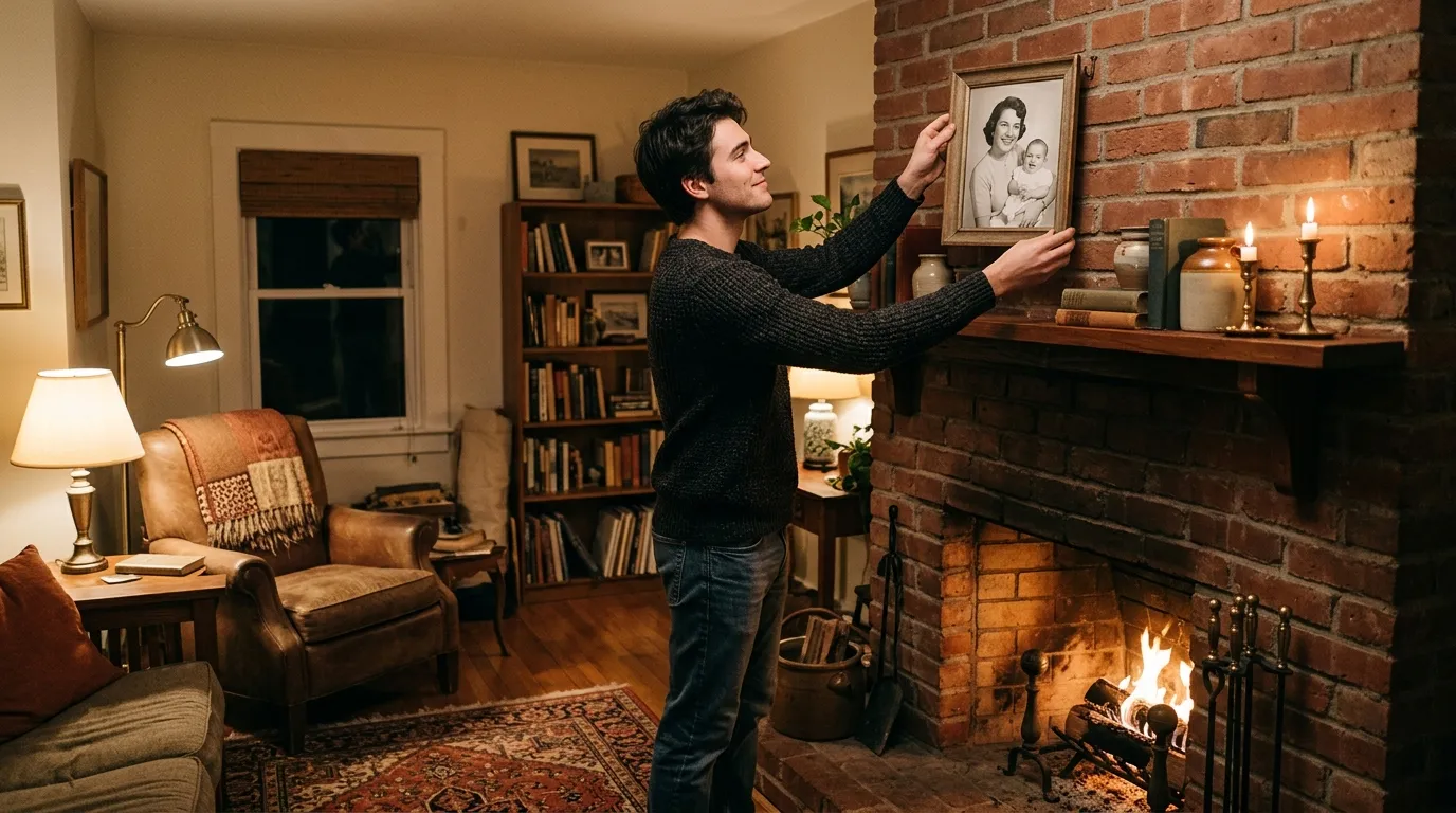 Daniel hanging the old photograph of his grandmother and father over the fireplace mantel
