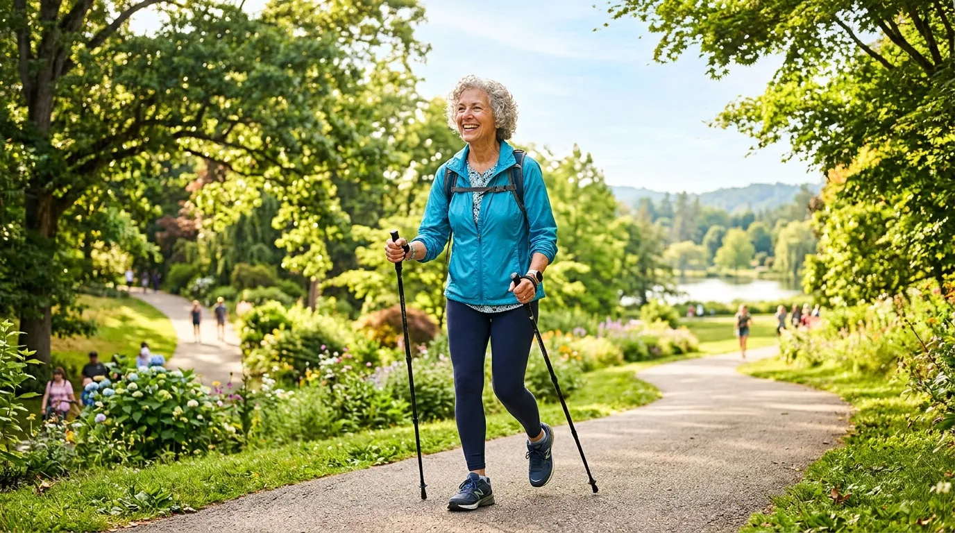 A healthy older adult walking happily in a sunlit park