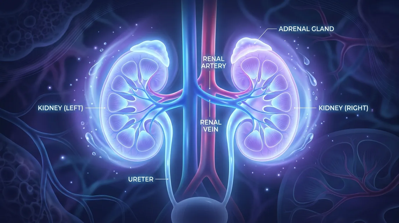 Stylized 3D medical illustration of healthy glowing kidneys