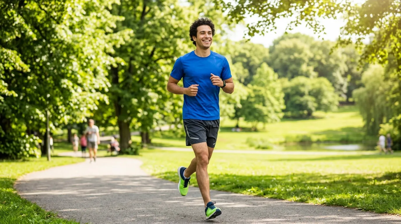 Healthy young man jogging through a sunny, green park