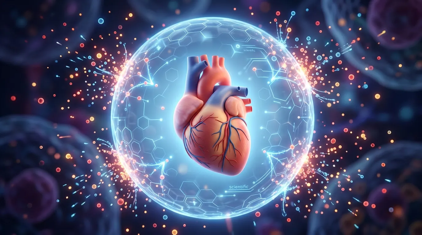 3D illustration of a human heart surrounded by a glowing, protective scientific shield