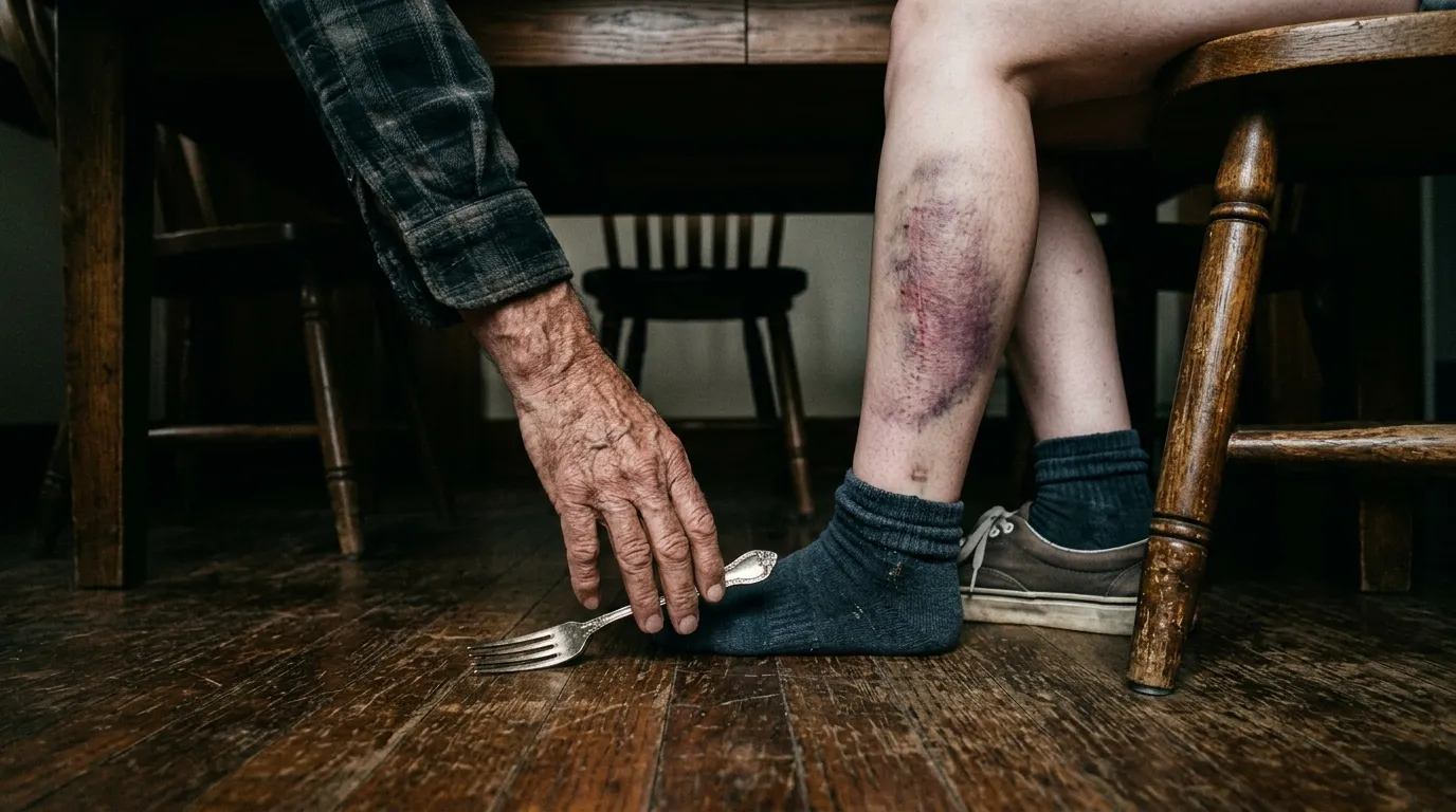 A father's hand reaching for a fork near his daughter's bruised leg.