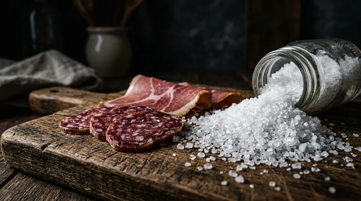 A macro shot of salami slices next to a spilled salt shaker pouring out a massive mound of coarse salt.