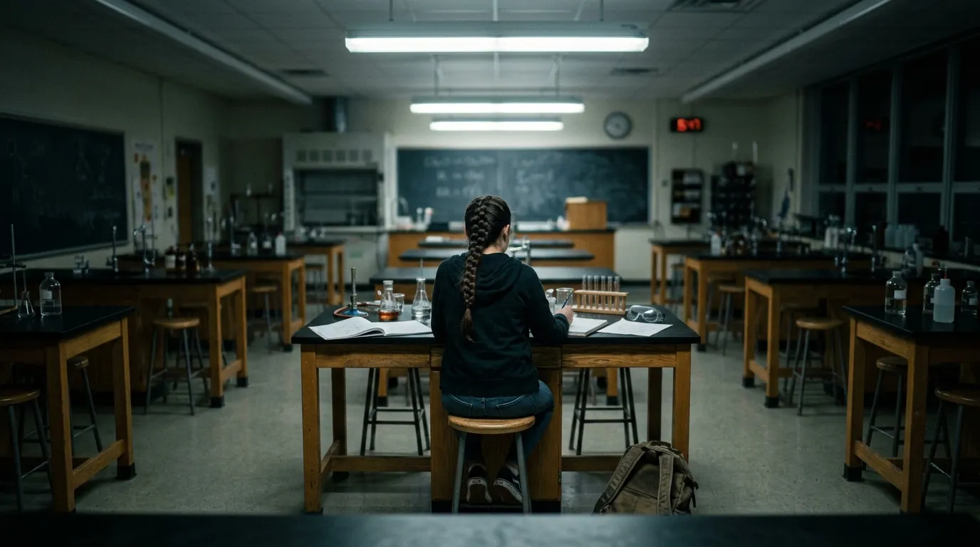 Teenage girl with a braid sitting in the back of a chemistry lab