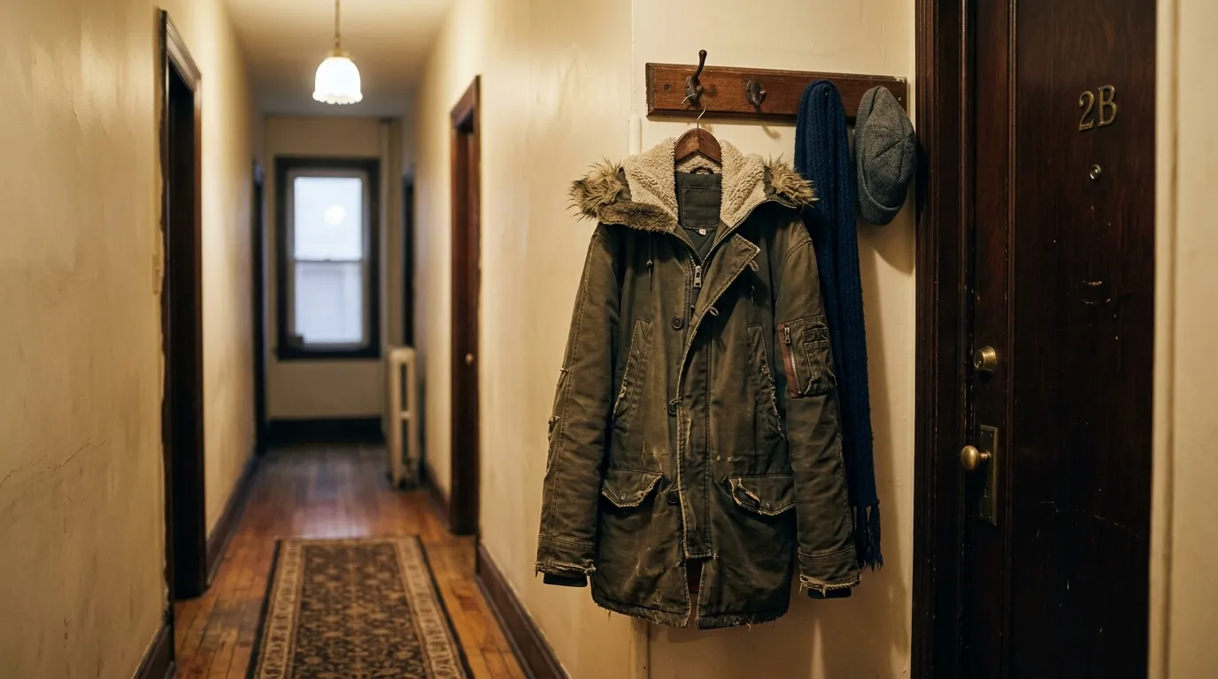 A heavy men's winter jacket hanging alone on a wooden coat rack in a quiet hallway