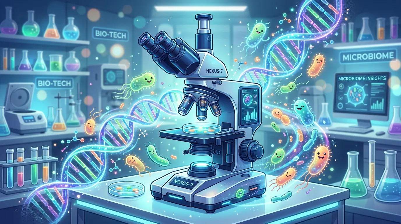 Stylized illustration of a microscope surrounded by glowing DNA and healthy bacteria