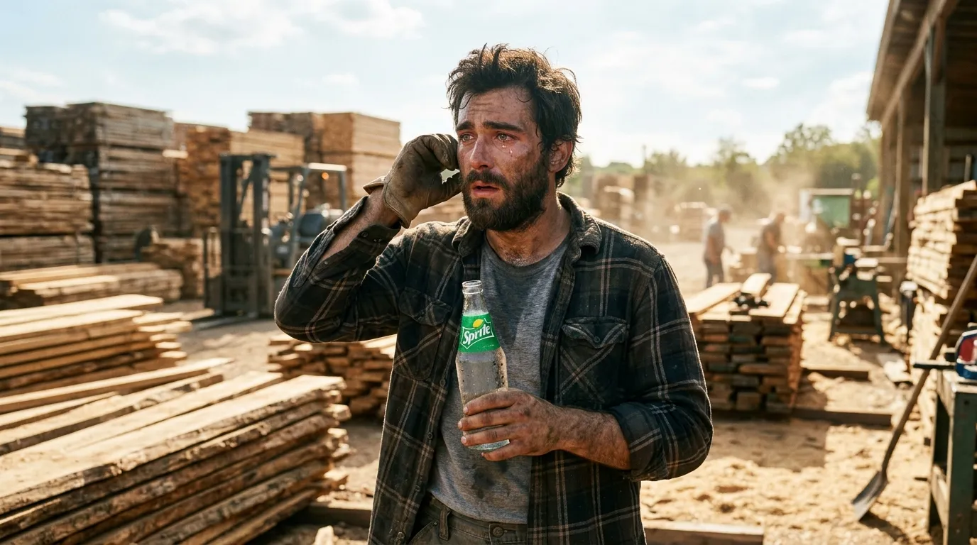 A rugged young man holding a cold bottle of Sprite, looking shocked as memories flood back.