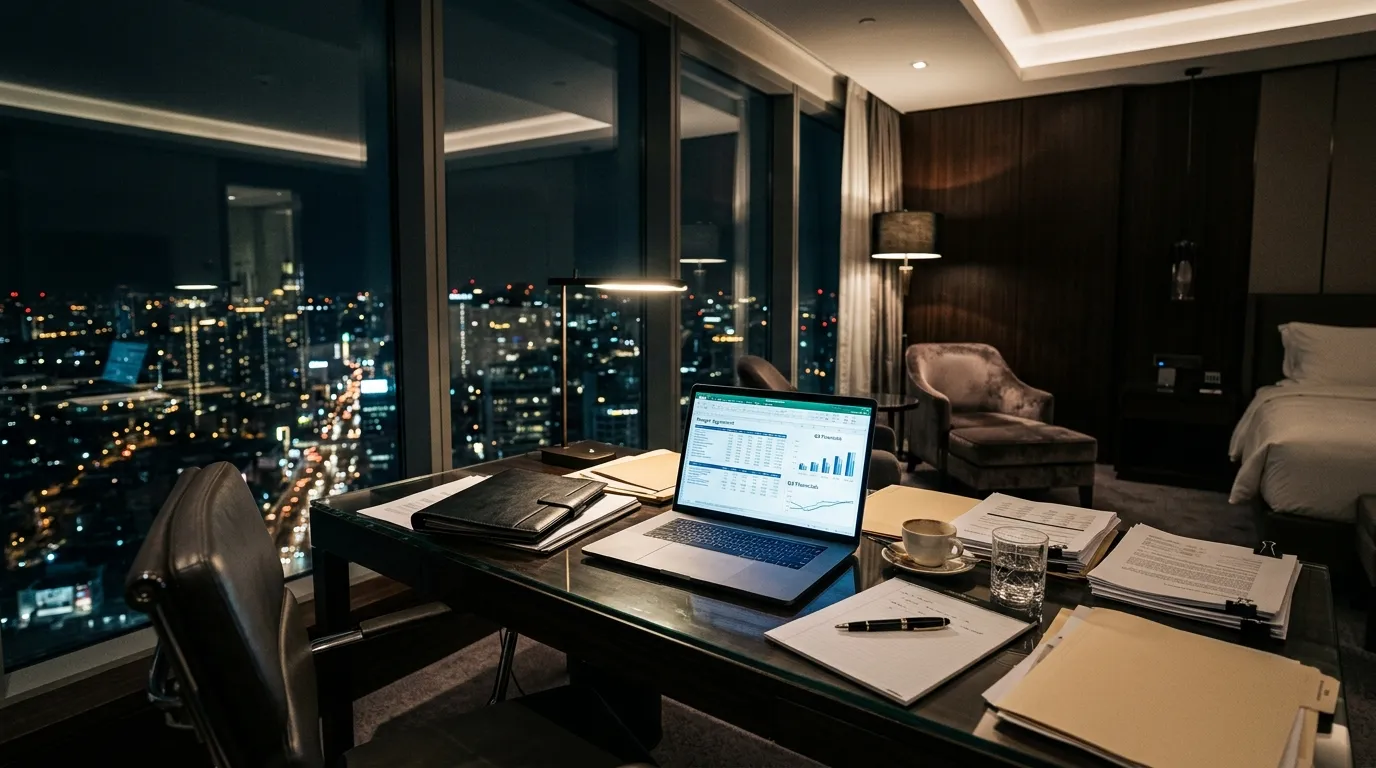 Sleek hotel room desk covered in financial and legal documents at night