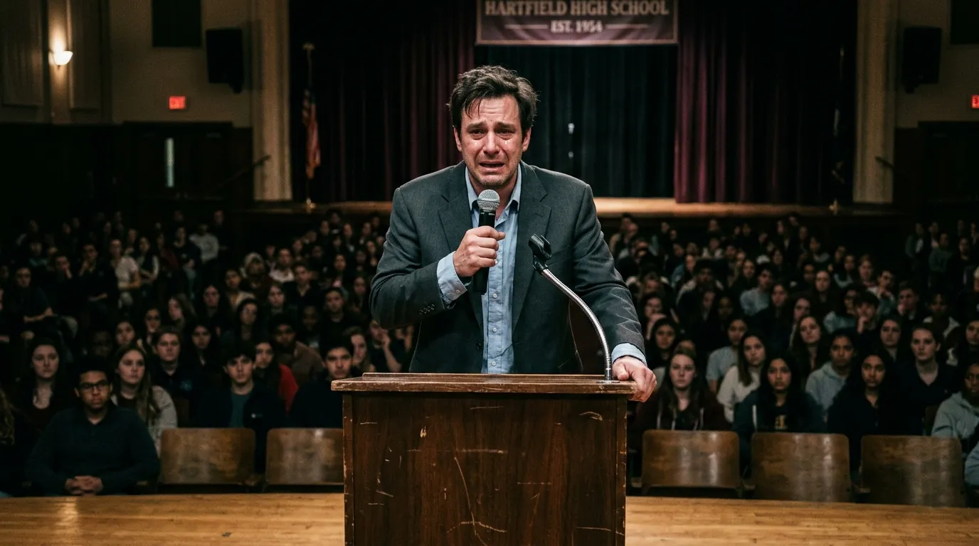 Nervous man standing at a podium in a high school auditorium