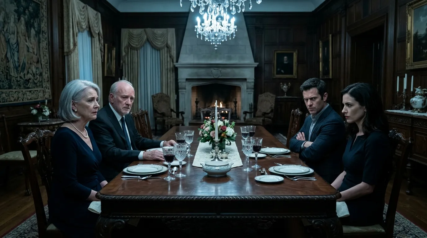 Tense dinner table scene with an elderly couple and two hostile younger adults