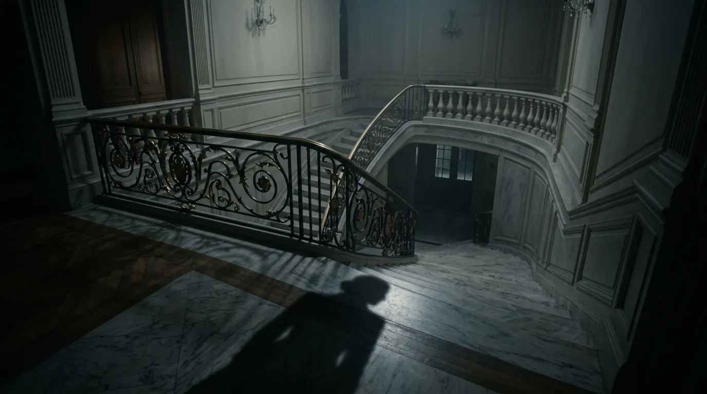 Dark, dramatic view looking down a luxurious marble staircase