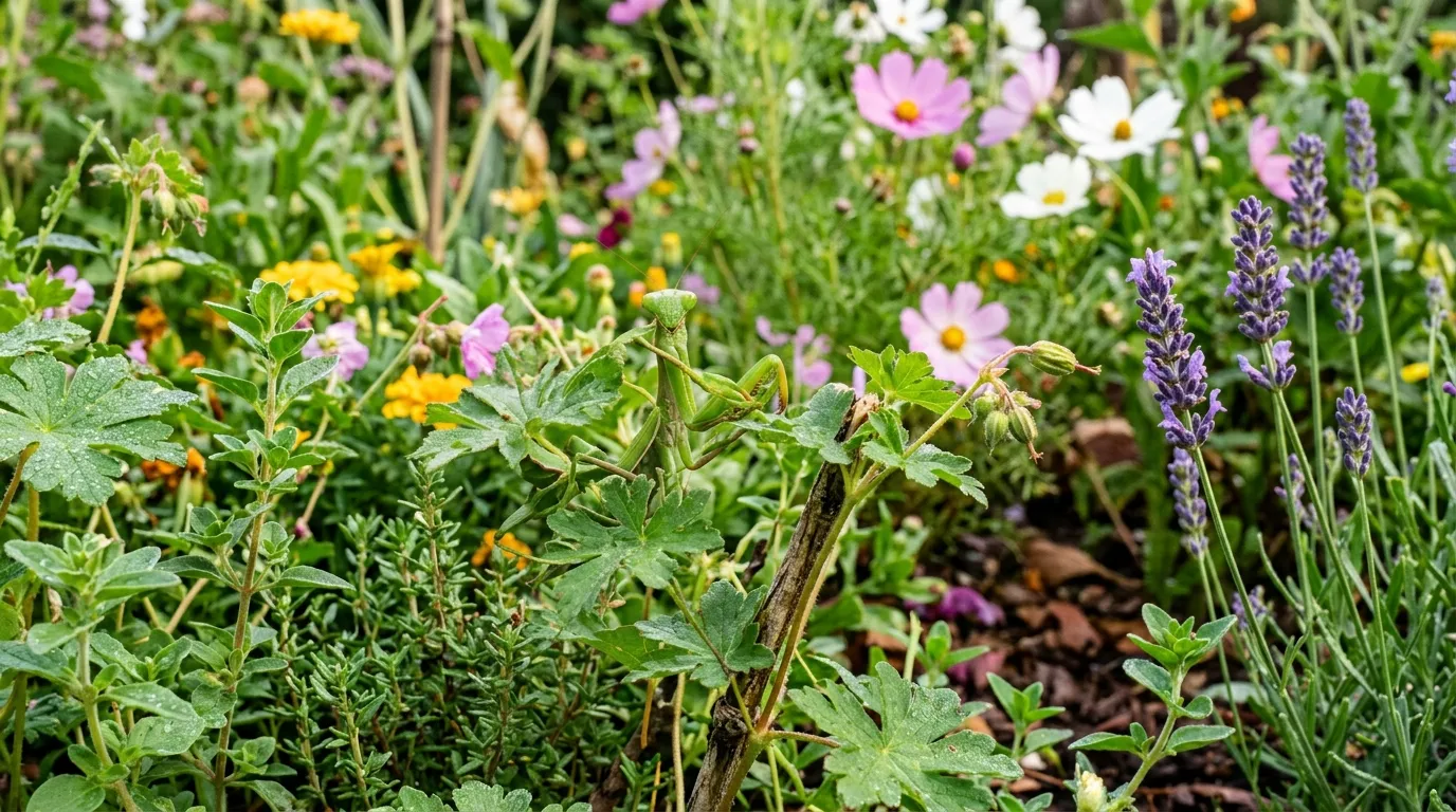 A mature praying mantis camouflaged among vibrant green plants