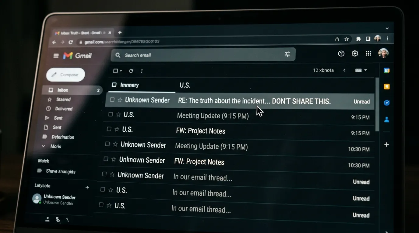 A laptop screen glowing in the dark, showing an email subject line about an incident