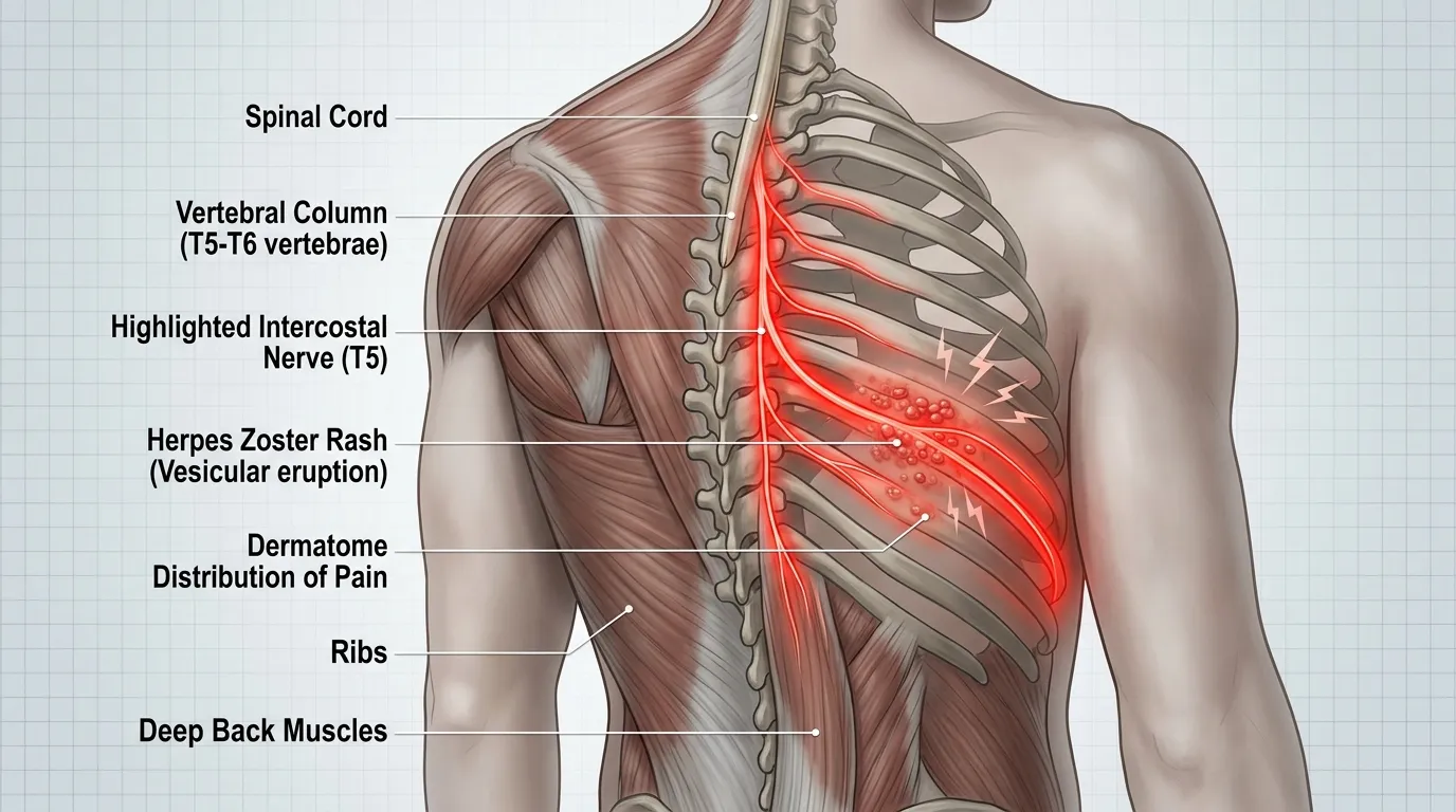 Medical illustration showing a glowing nerve pathway on a human torso