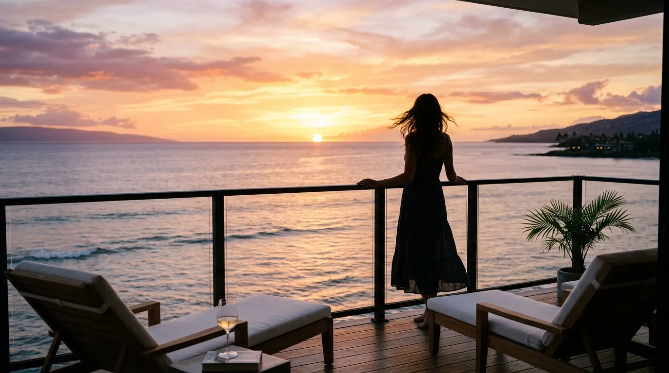 Silhouette of a woman standing on an oceanfront balcony looking at the sunset