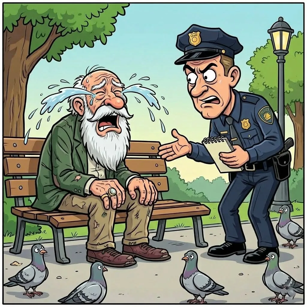 A 90-year-old man crying on a park bench while a police officer checks on him